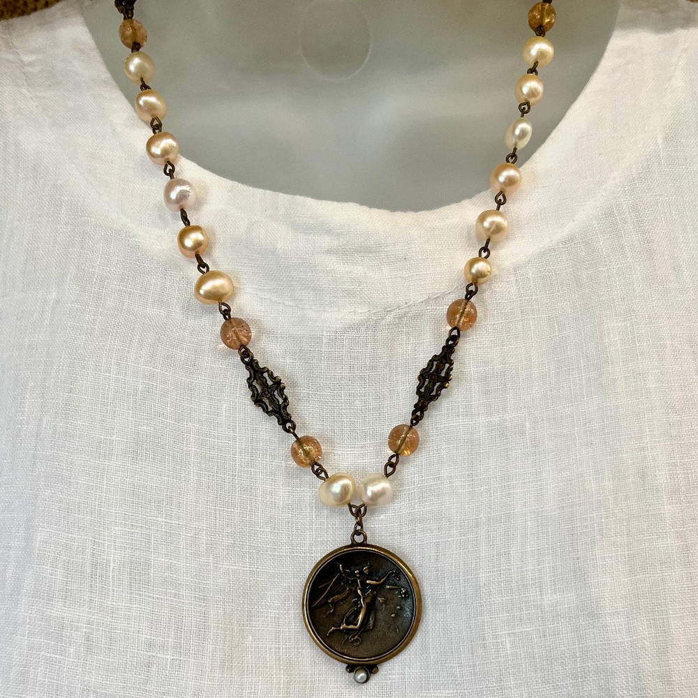 EXTASIA Signed Goddess Aurora Intaglio Necklace Brass Chain Pearls Pink Beads